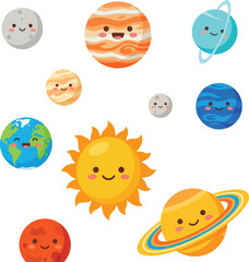 Cute Kawaii Solar System Planets Collection with Smiling Sun – Cartoon Space Vector Illustration Set © Angela Gendhis