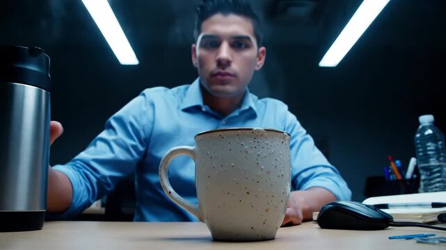 Young man pouring coffee from a thermos into a mug at his office desk featuring technology and late night work with a focused expression and dim lighting