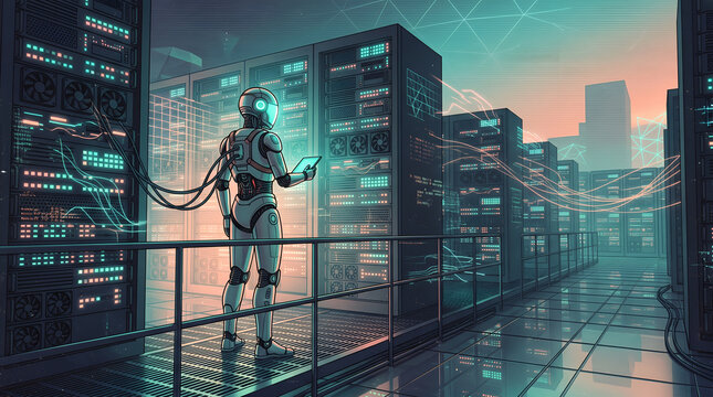 Futuristic robot managing a modern server farm data center in a digital city vaporwave retro style