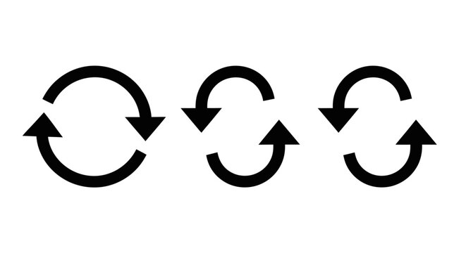 Circular arrows, rotation icons, clockwise counterclockwise symbols, black vector graphics