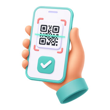 3D Hand Holding Smartphone Scanning QR Code, Mobile Verification and Payment Icon Isolated on Transparent Background