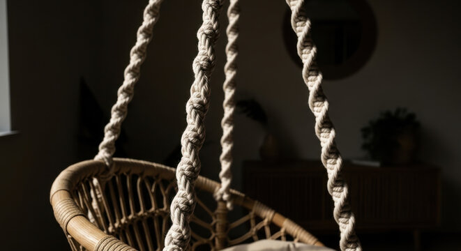 Rattan Boho Chair Hanging From Thick Knotted Rope