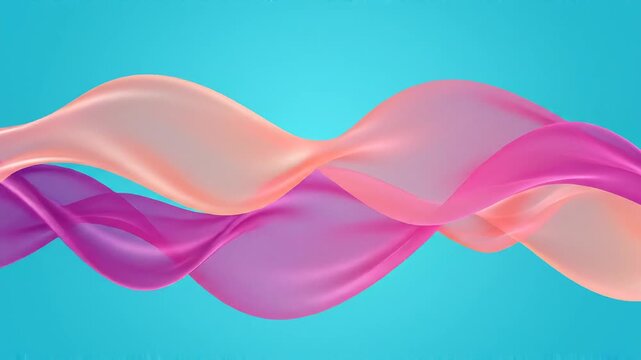 Dynamic flow of layered peach, blush pink, and vibrant magenta gradient waves floating over a solid turquoise background