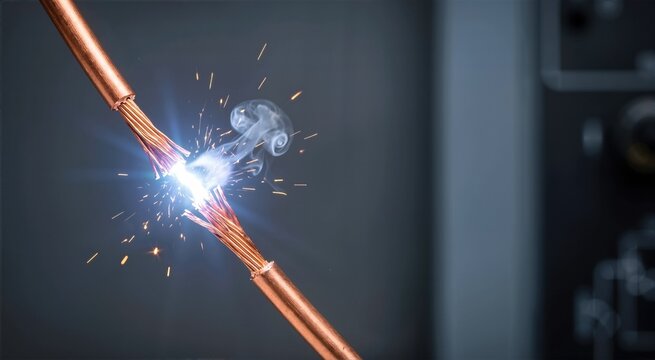 Close up of bright copper wires experiencing a severe electrical short circuit. Intense arc flash with molten sparks and smoke against a dark background