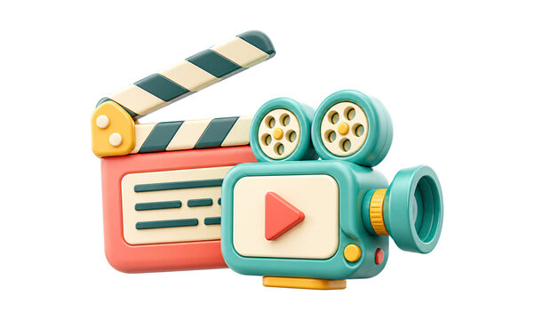 3D Movie Camera and Clapperboard Set, Cute Retro Video Recorder and Film Slate Icons Isolated on Transparent Background