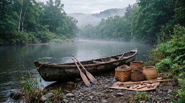 Traditional-inspired wooden canoe beside a peaceful forest river representing indigenous heritage and sustainable living. Ideal for tourism, editorial, and educational projects.