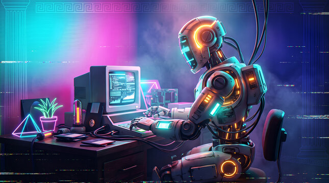 Futuristic robot programmer working on a vintage computer with neon lighting vaporwave retro style