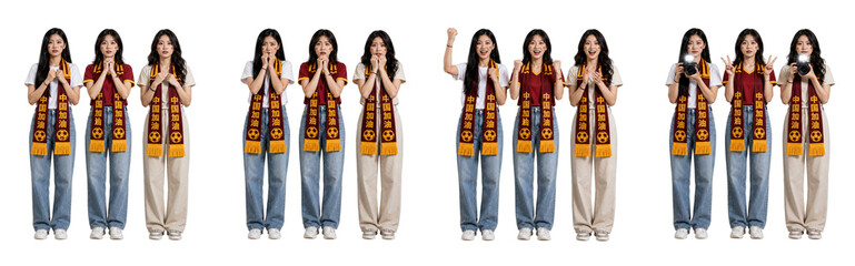 Fototapeta premium Asian soccer lovers pose set with cheering nervous photographer and peace sign reactions.