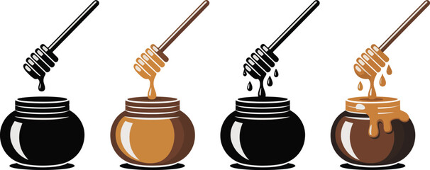 Honey dippers, honey pots and flowing honey drops for beekeeping, gourmet foods, natural products, and vector illustration collections.  © Mr. Tasin