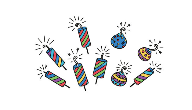 Colorful cartoon illustration of lit fireworks and small round bombs with fuses isolated on a clean white background for celebration.