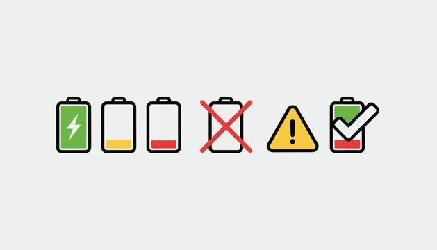 Set of battery status icons including charged low battery warning and faulty indicators for mobile device interface design.