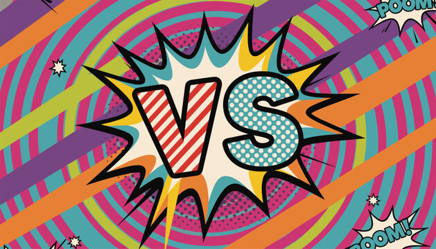 Pop art style versus banner with letters VS in red and blue inside a comic explosion on striped background.