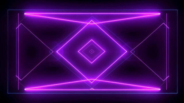 Purple and blue glowing lines forming a symmetrical geometric tunnel creating an immersive futuristic experience on a dark ground.