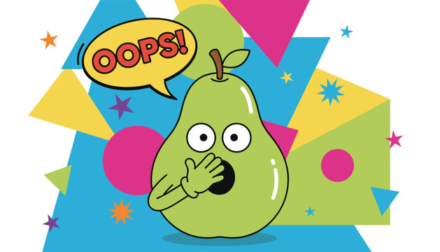 Fun pop art illustration of an avocado with a shocked face and an oops speech bubble on colorful background.