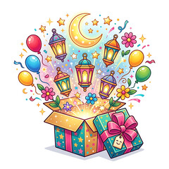Fototapeta premium Eid gift box with lanterns isolated on transparent background