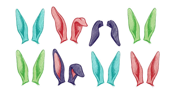 Colorful Bunny Ears, Cartoon Rabbit Ears, Vector Easter Icons, 12 Easter Bunny Ears Set