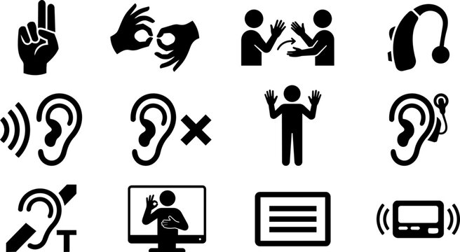 Deaf and Hearing Accessibility Silhouette Icon Set &ndash; Sign Language, Hearing Aid, Cochlear Implant and Communication Symbols
