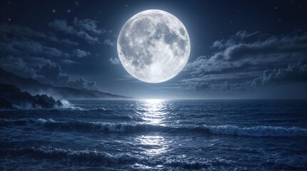 Fototapeta premium Full moon shining over ocean waves at night. Bright moonlight reflecting on sea surface with rocky coastline and starry sky.