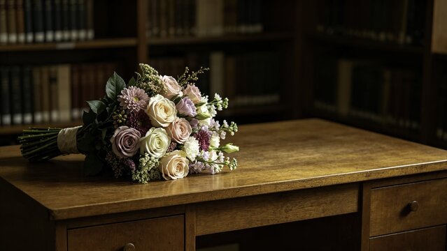 Elegant bouquet of mixed flowers resting on wooden study des