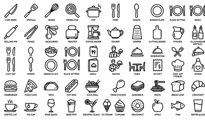 Naklejka premium Mega Pack Kitchen Utensils and Restaurant Line Vector Icon Set Featuring Cooking Tools Culinary Equipment Restaurant Dining and Food Elements for Web Designs