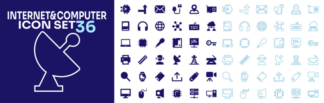 Flat and line outline vector collection of internet technology, hardware components, and computer network icon set.