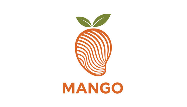 Clean mango line art logo featuring a stylized tropical fruit silhouette with orange waves and two green leaves.