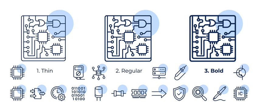 Hand drawn collection of electronic circuit board icons and computer hardware components.