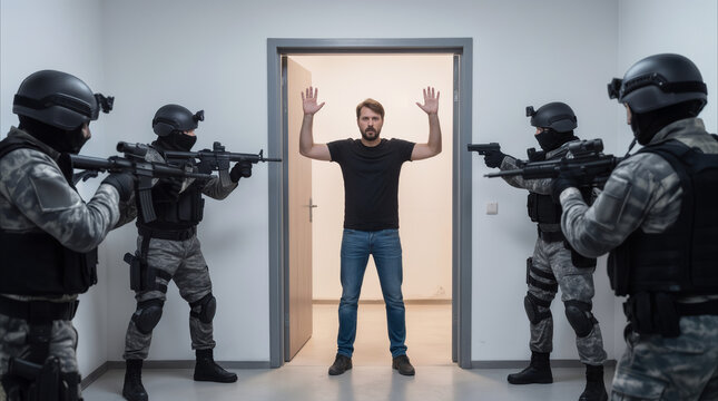Armed tactical team detaining suspect during building raid. Special forces officers pointing weapons at man with hands raised in surrender.
