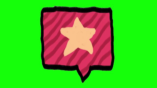 Hand-drawn speech bubble with star doodle icon isolated on green screen. Rectangular social media favorite rating symbol on chroma key background.