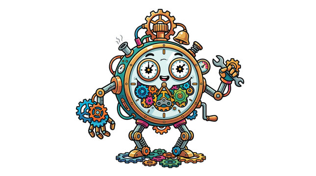 Steampunk Cartoon Clock Character Holding a Wrench