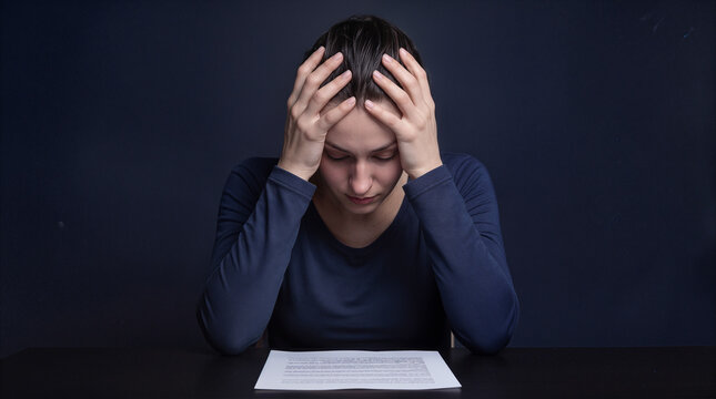 Despairing young woman holding head in hands while reading document. Person experiencing mental breakdown or severe stress due to bad news or financial debt.