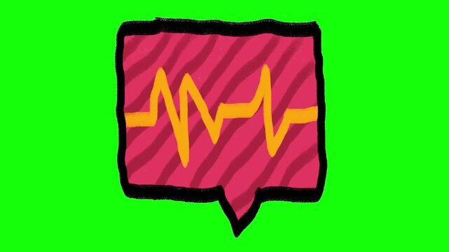 Hand-drawn speech bubble with heartbeat doodle icon isolated on green screen. Rectangular social media health notification pulse wave symbol on chroma key background.