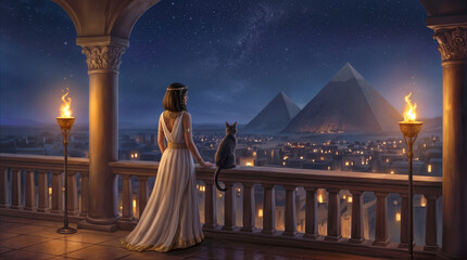 Obraz premium Ancient Egyptian queen standing on balcony with black cat overlooking Giza pyramids at night. Royal woman in white dress watching starry sky above desert city with torches.
