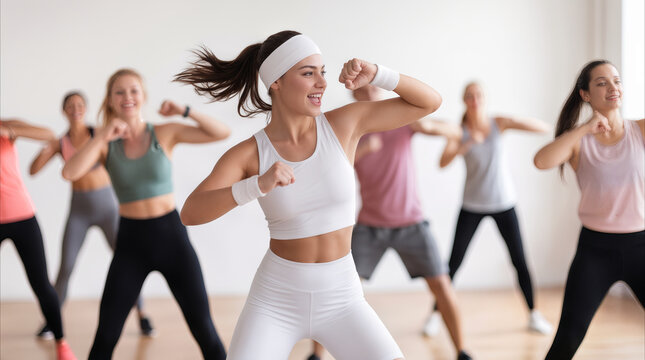 Athletic woman leading high-energy cardio dance class in bright fitness studio. Group of diverse people following choreography during aerobic workout session.