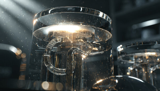Close Up of Futuristic Glass Mechanical Component Reflecting Bright Warm Light in Dark Space