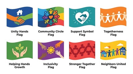 Fototapeta premium Eight colorful flags with various social unity and community symbols on transparent background