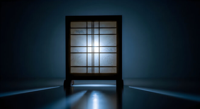 Minimalist Japanese Shoji Paper Lantern Glowing in the Dark