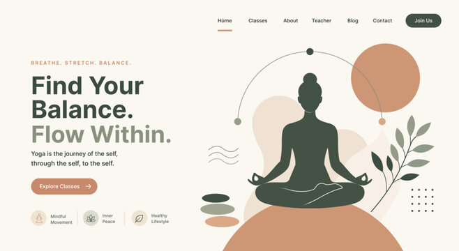 Minimal Yoga Landing Page Template with Wellness Meditation Illustration, Zen Lifestyle Hero Header, Mindfulness Website UI Design and Flat Vector Web Interface
