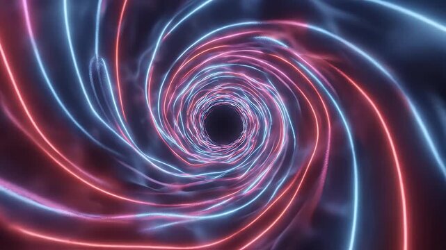 A swirling vortex of neon blue and pink lights creates a futuristic tunnel effect.