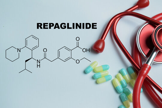Concept of repaglinide antidiabetic write on book isolated on Wooden Table. For type 2 diabetes management and pharmacological treatment endocrinology care