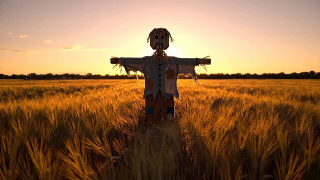 A lonely scarecrow stands in a golden wheat field at sunset displaying a traditional rural guardian with a worn shirt and patches while the warm light illuminates the harvest scene
