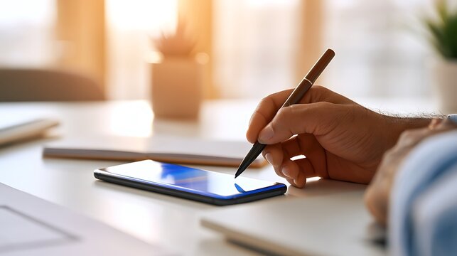 Hand writing on smartphone screen with pen, modern office desk with sunlight and plants