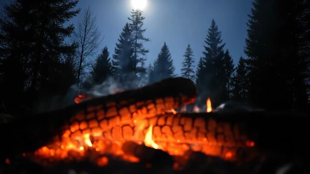 A glowing campfire burns brightly at night in a dark forest featuring tall pine trees and a full moon shining in the clear sky creating a serene and peaceful wilderness scene