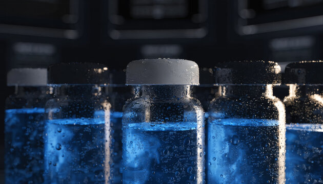 Wet Glass Tubes with Blue Glowing Fluid Close Up
