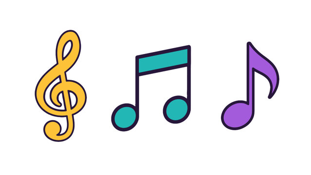 Colorful musical symbols and note icons on white background