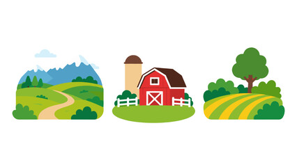 Fototapeta premium Farm and countryside landscape vector set with hills and barn