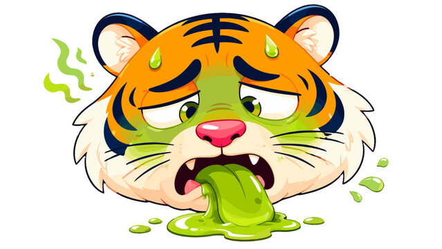 Cartoon tiger face with nauseated expression and green vomit