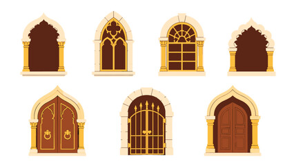 Fototapeta premium Decorative arched window and door frame icon set