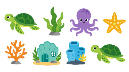 Cute sea animal vector set with turtles, octopus and starfish © icon_art