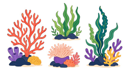 Cartoon coral reef and seaweed underwater plant set © icon_art